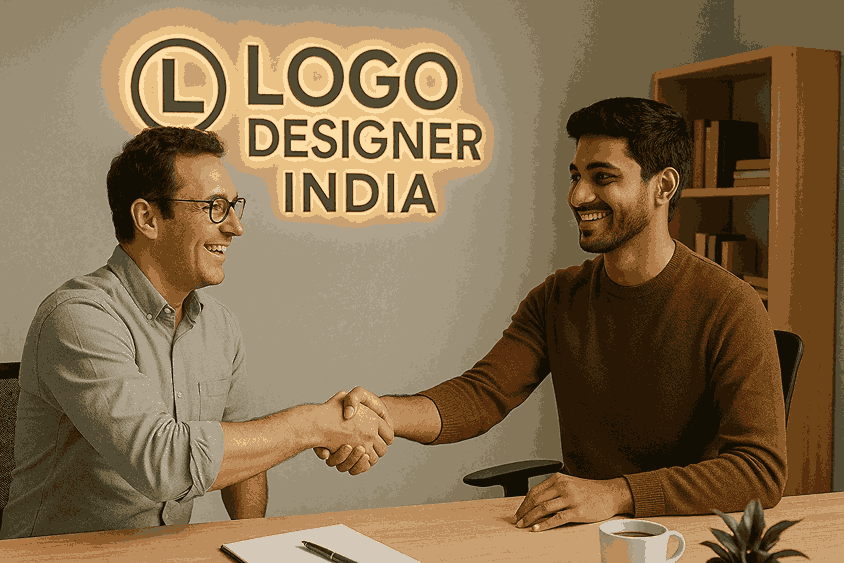 A happy customer shaking hands with a professional designer inside the LOGO DESIGNER INDIA office during a branding consultation.