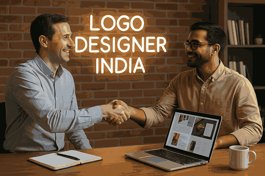 Happy customer shaking hands with catalogue designer in Pune inside Logo Designer India office