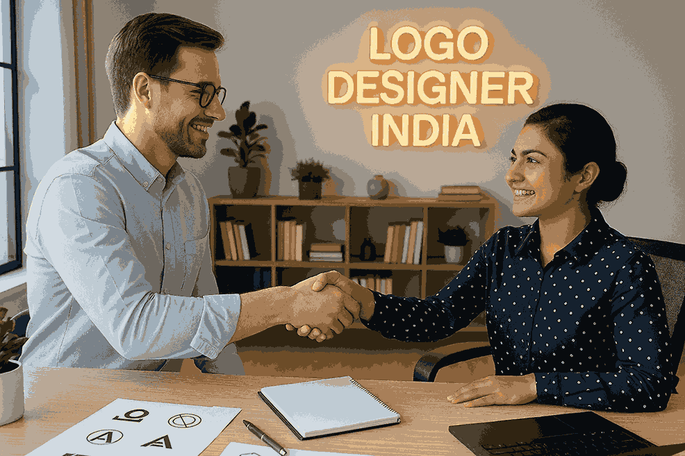 Happy client shaking hands with designer inside LOGO DESIGNER INDIA, a professional LOGO DESIGNING AGENCY office.
