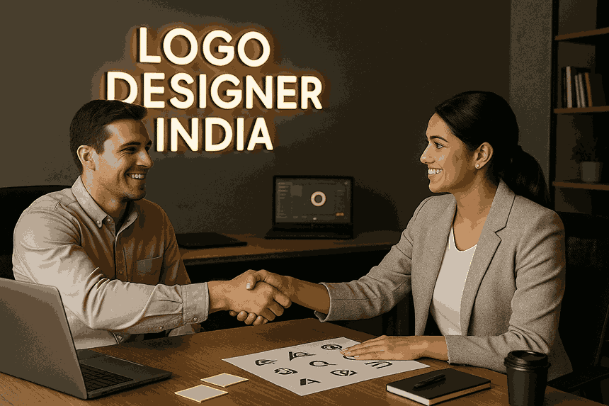 Happy customer shaking hands with a logo designer inside the LOGO DESIGNER INDIA office