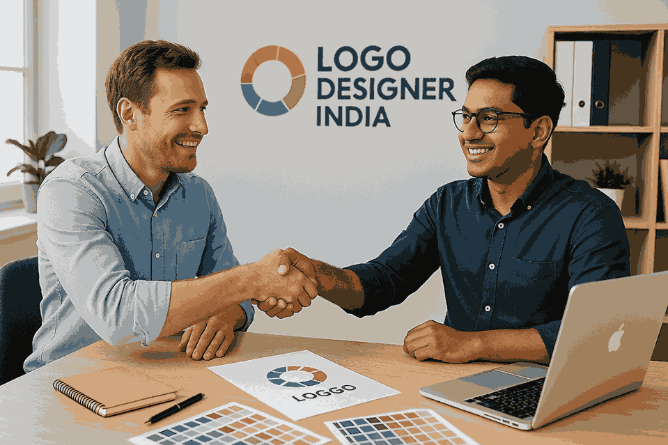 Happy customer shaking hands with a professional designer inside LOGO DESIGNER INDIA office after successful logo design project