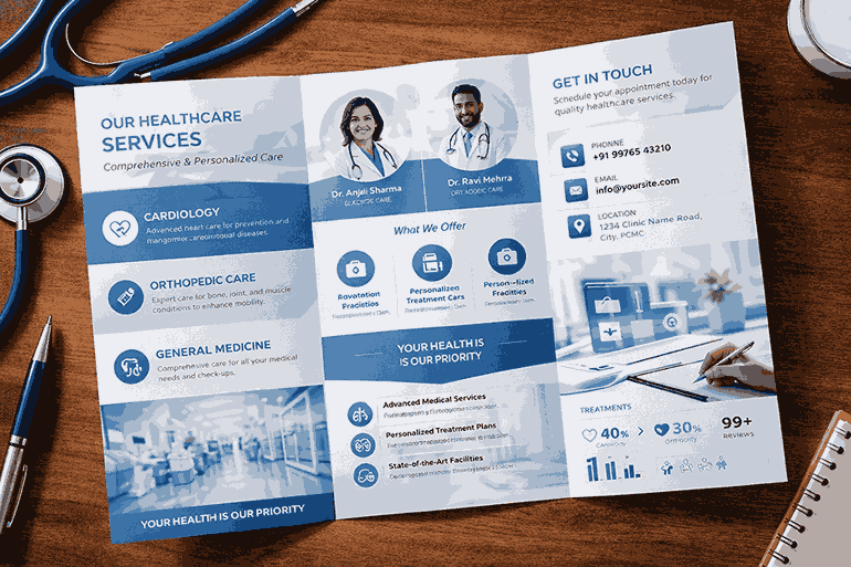 Healthcare brochure design featuring treatment sections, doctor photos, blue-white theme, medical icons, and infographics in a professional layout