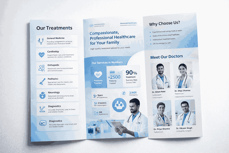 Healthcare brochure design showcasing treatment sections, doctor profiles, blue-white medical theme, icons, and infographics by a professional brochure designer in India.