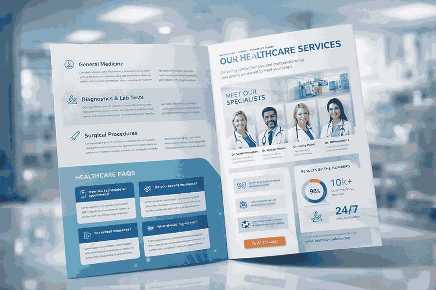 Professional healthcare brochure design with treatment sections, doctor photos, blue white theme, icons and infographics created by brochure designers near me