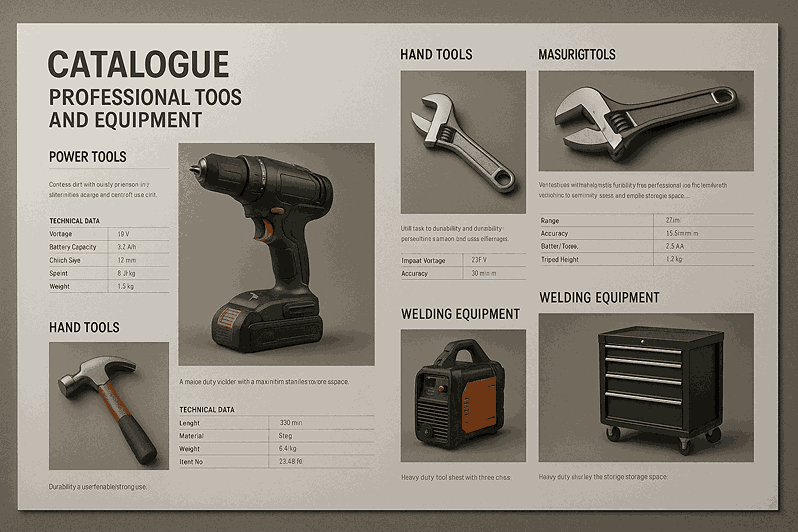Professional industry tools and equipment catalogue design showcasing a clean grid layout with technical data tables, realistic photography, and premium brochure styling.