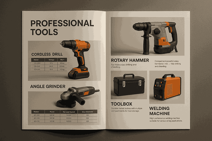 Professional tools and equipment catalogue designed by expert catalogue makers with clean grid layout and technical data tables