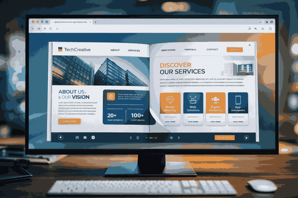 Interactive online brochure design displayed on a widescreen monitor with clickable buttons, page-flip animation, and modern UI created by professional brochure designers