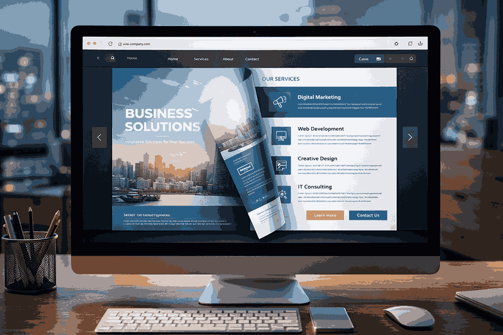 Interactive online brochure designing in Pune displayed on desktop monitor with page-flip animation and clickable buttons