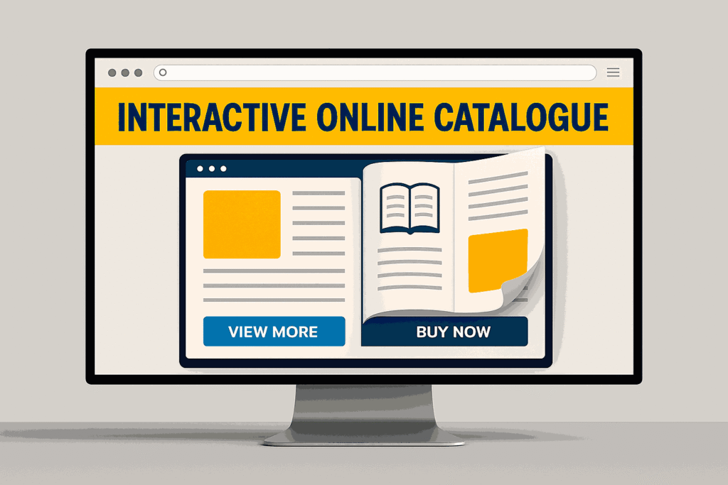 Interactive online catalogue created by a professional catalogue designer in India with clickable buttons and page-flip animation.