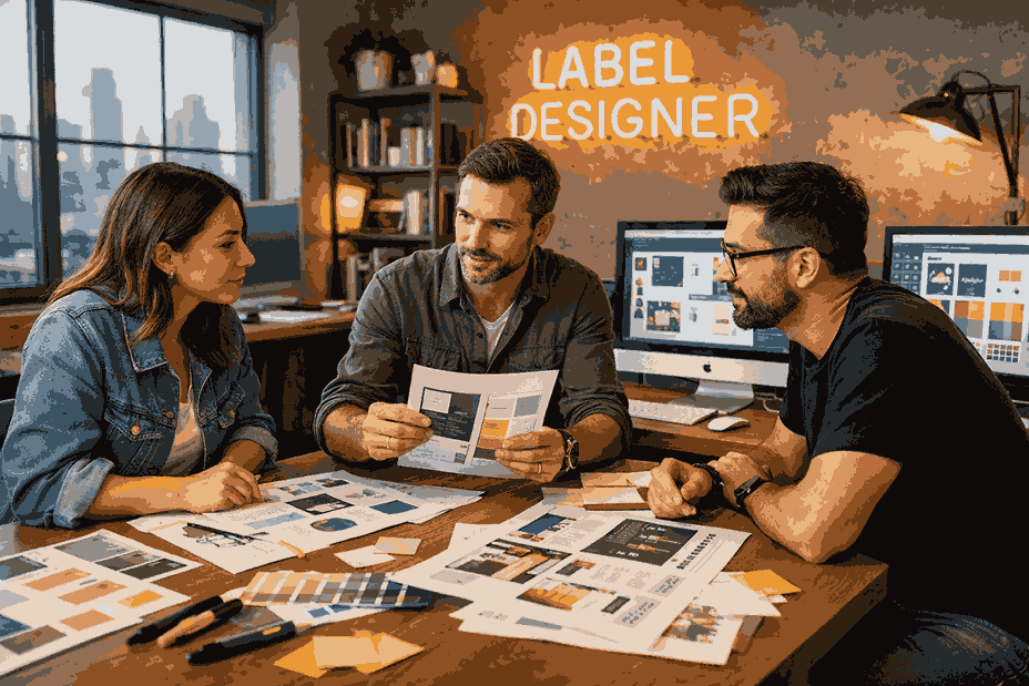 Professional LABEL DESIGNER team collaborating on premium packaging and label design in a modern creative studio workspace