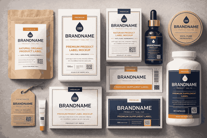 Flat-lay view of multiple product label designs created by a professional LABEL DESIGNER showcasing brand consistency