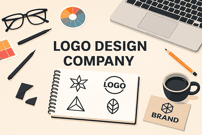 LOGO DESIGN COMPANY cover image showing professional logo design workspace with branding tools and sketches