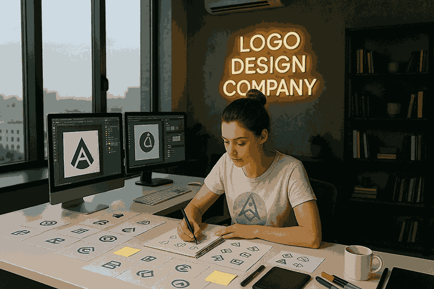 Young female logo designer sketching brand identity concepts at a modern LOGO DESIGN COMPANY studio workspace in 2025