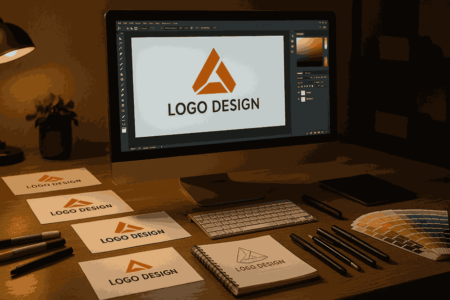 Professional graphic designer workspace with logo design software open at a creative LOGO DESIGN COMPANY studio