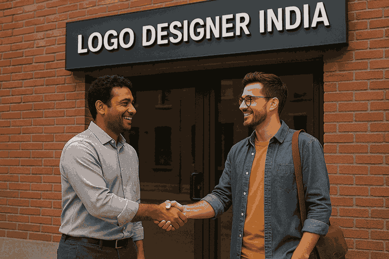 Happy customer meeting a designer outside LOGO DESIGNER INDIA for professional LOGO DESIGNING SERVICES.