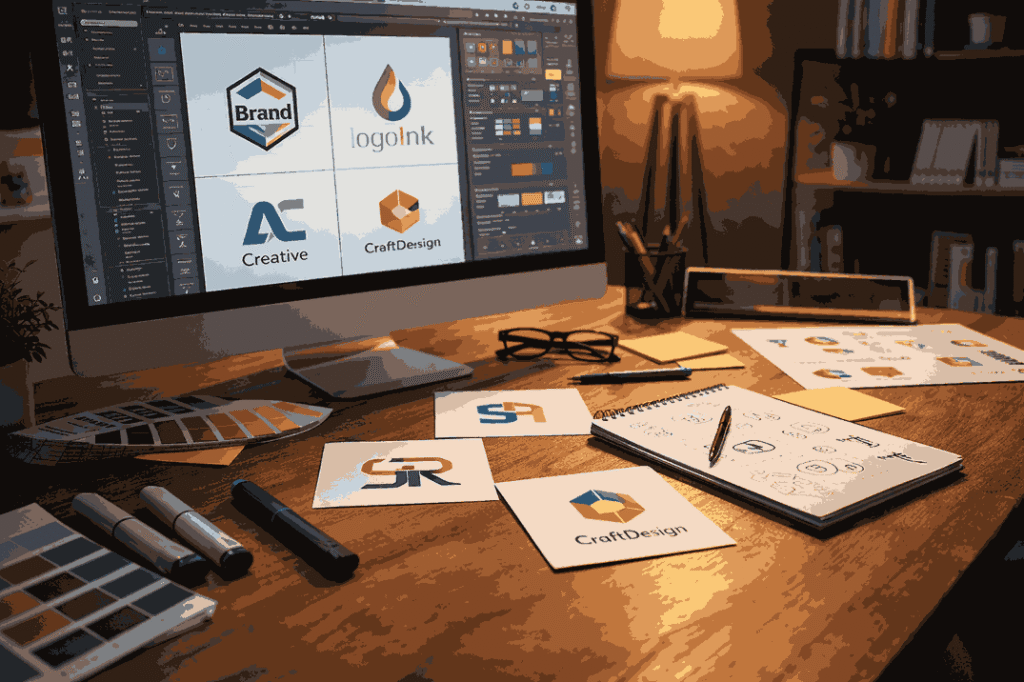 LOGO DESIGNER INDIA workspace showing logo design software, printed logo concepts, and professional branding tools