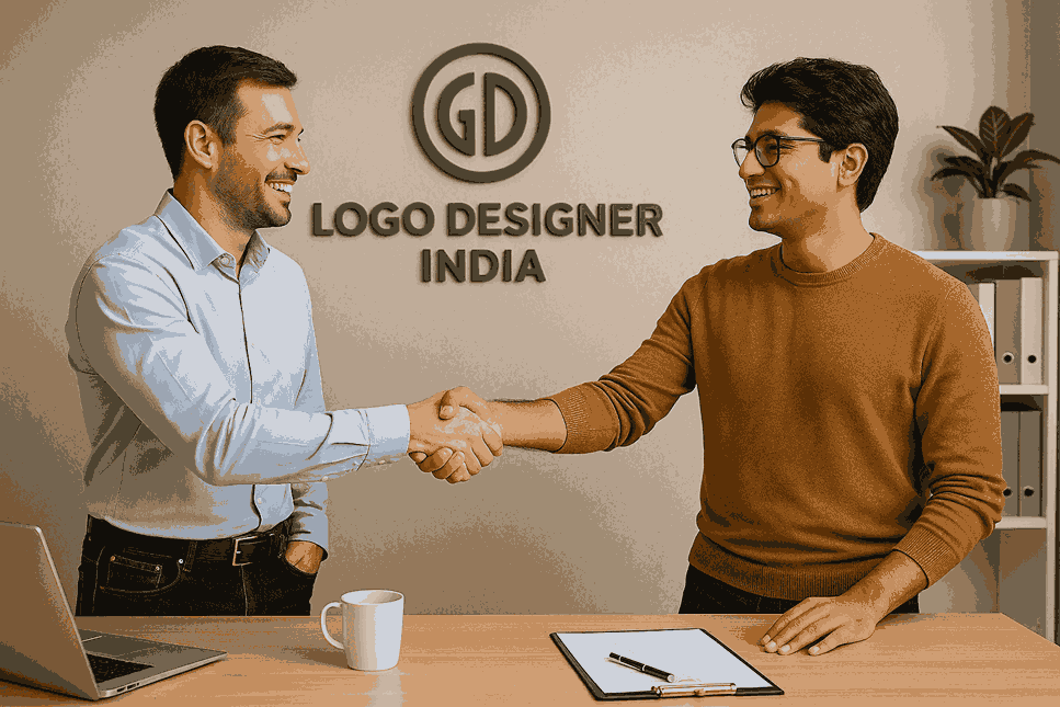 Happy customer shaking hands with designer inside LOGO DESIGNER INDIA office, showcasing professional logo designing agency in Pune.