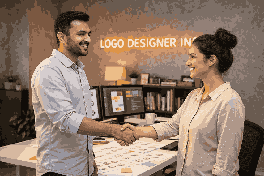 Happy customer shaking hands with a professional logo designer inside LOGO DESIGNER INDIA office