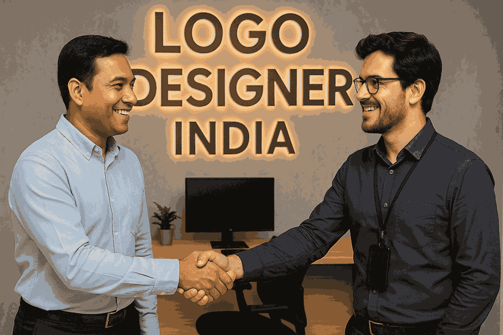 LOGO DESIGNING client shaking hands with designer inside LOGO DESIGNER INDIA office after a successful branding project