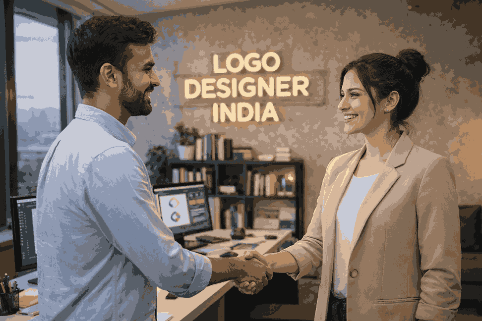 Happy customer shaking hands with a professional logo designer inside Logo Designer India office