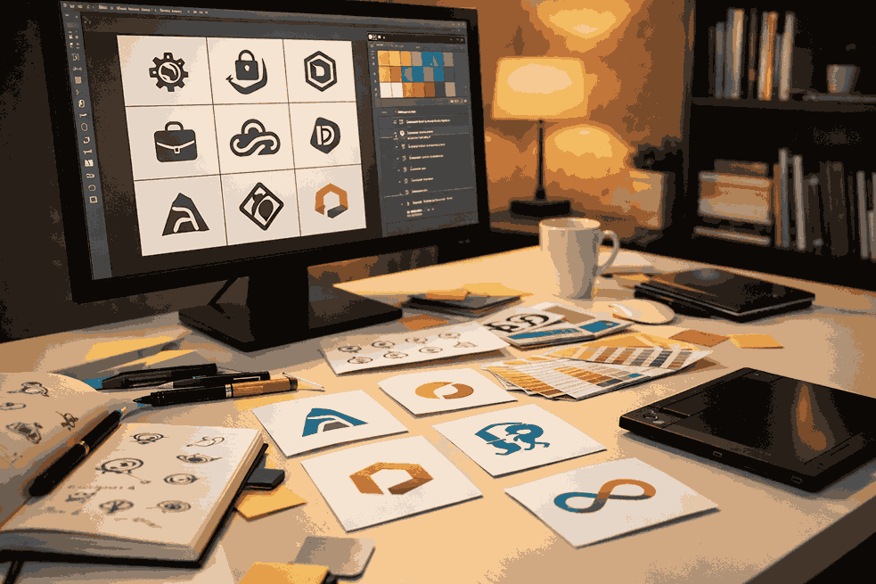 Professional logo designer workspace with logo design software and custom logo cards at Logo Designer India