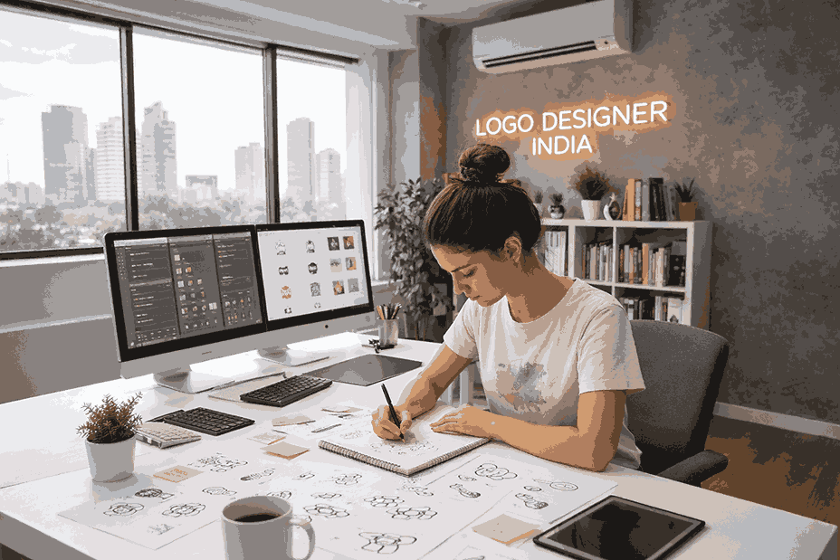 Professional LOGO DESIGNER INDIA sketching custom logo concepts in a modern creative design studio