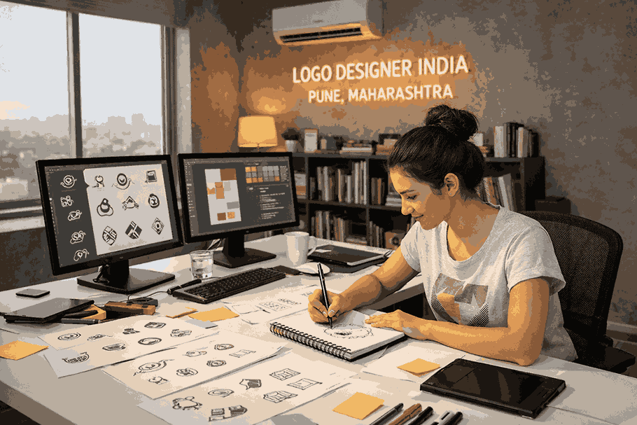 LOGO DESIGNER INDIA PUNE, MAHARASHTRA working on custom logo concepts in a modern creative studio