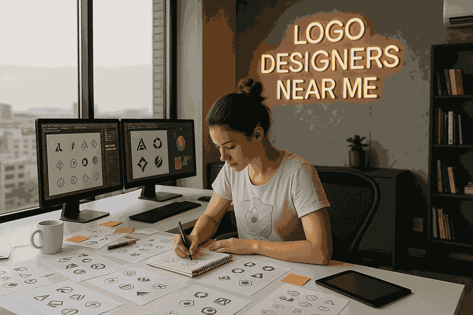 Professional logo designers near me working in a modern studio while sketching custom logo concepts on a design desk