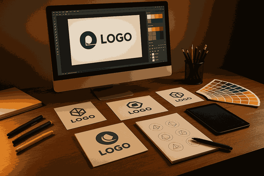 Professional logo designers near me workspace showing logo design software, printed logo cards, and creative branding tools