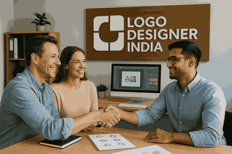 Happy customers shaking hands with logo designers near me inside the Logo Designer India office