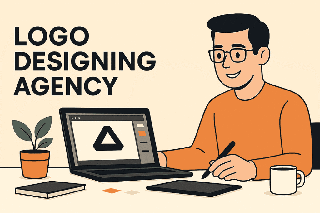 Illustration of a professional designer working at a LOGO DESIGNING AGENCY studio creating brand logo concepts.