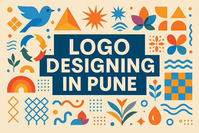 Colorful geometric cover design showcasing "LOGO DESIGNING AGENCY IN PUNE" with branding elements and creative icons for professional logo services.
