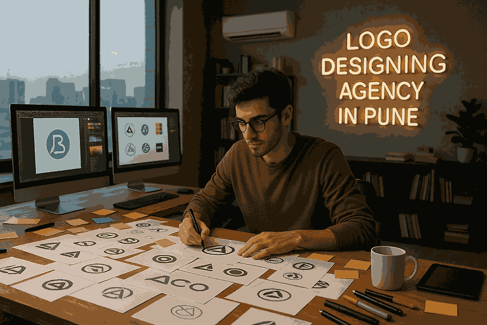 Young logo designer working at a creative studio of LOGO DESIGNING AGENCY IN PUNE with sketches, monitors showing concepts, and neon branding background.