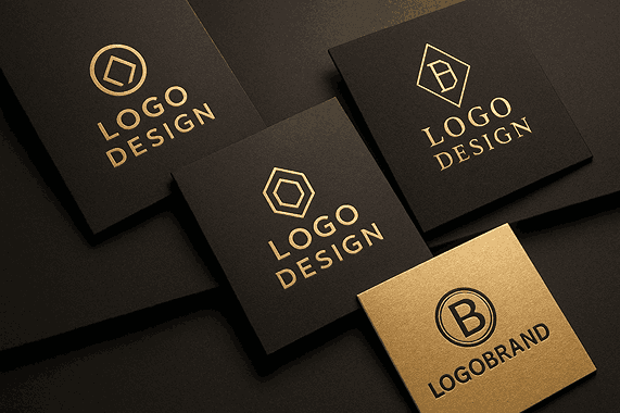 Luxury branding mockup showcasing premium logo cards created by LOGO DESIGNING AGENCY IN PUNE with gold foil textures and cinematic lighting.