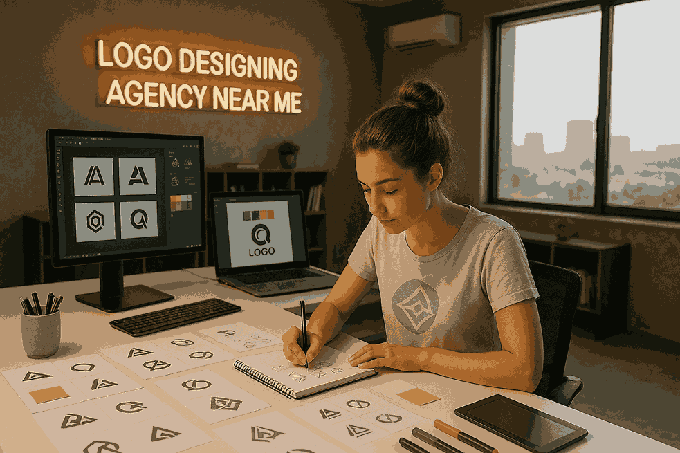 Female logo designer sketching concepts inside a professional logo designing agency near me studio workspace