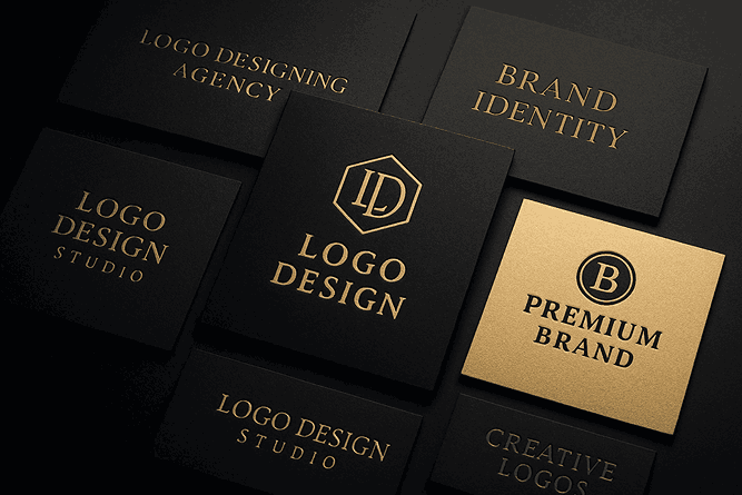 Luxury logo branding mockup created by a professional logo designing agency near me with gold and black design cards
