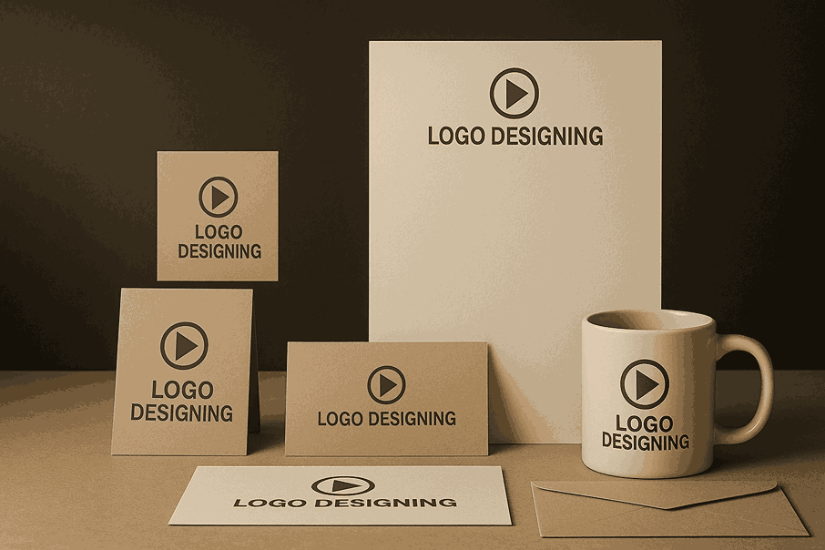LOGO DESIGNING branding display with logo cards, stationery, envelopes and coffee mug in a modern studio landscape setup