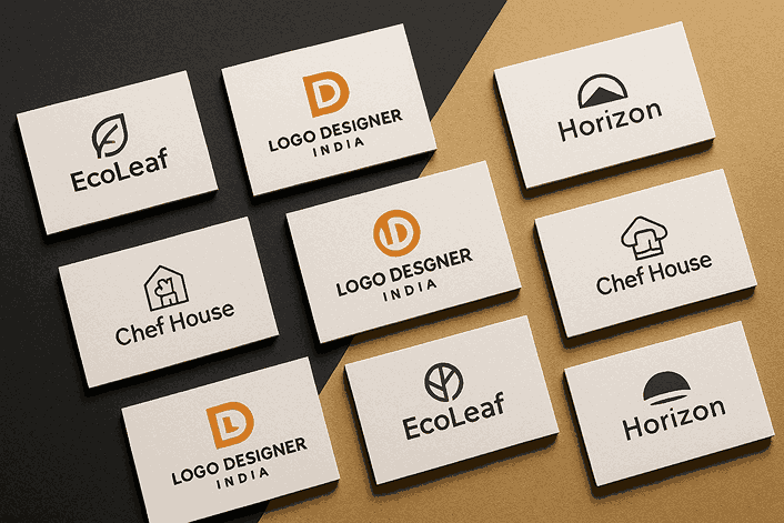 Modern business card logo designs displayed by a professional LOGO DESIGNING COMPANY branding studio.