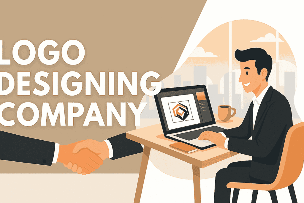 Cover image showing LOGO DESIGNING COMPANY title with designer working at laptop and client handshake in office.