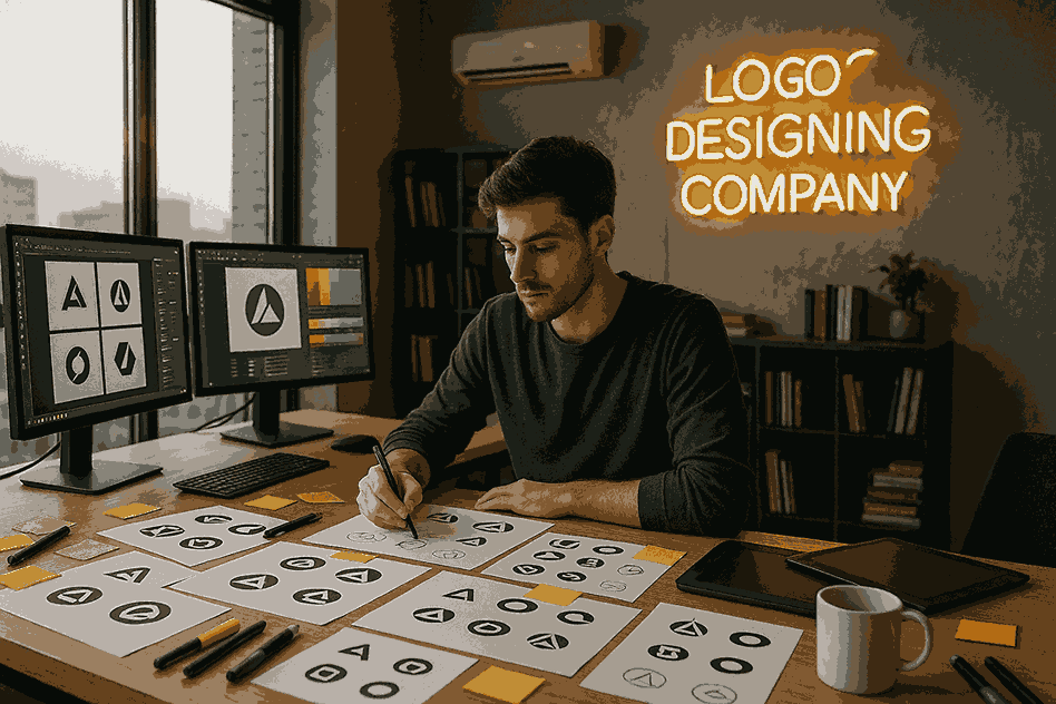 Young logo designer working at dual monitors in a creative studio at a professional LOGO DESIGNING COMPANY.