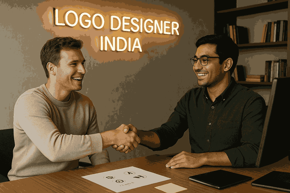 Happy client shaking hands with a designer inside a professional LOGO DESIGNING COMPANY office.