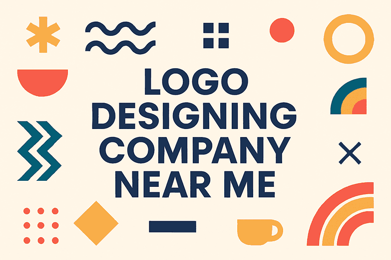 Cover image with the text “LOGO DESIGNING COMPANY NEAR ME” surrounded by colorful creative patterns representing professional branding services.