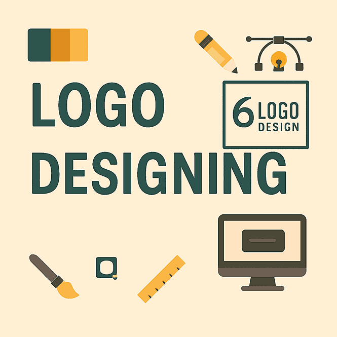 LOGO DESIGNING cover image with graphic design tools and creative branding icons on a modern flat design background