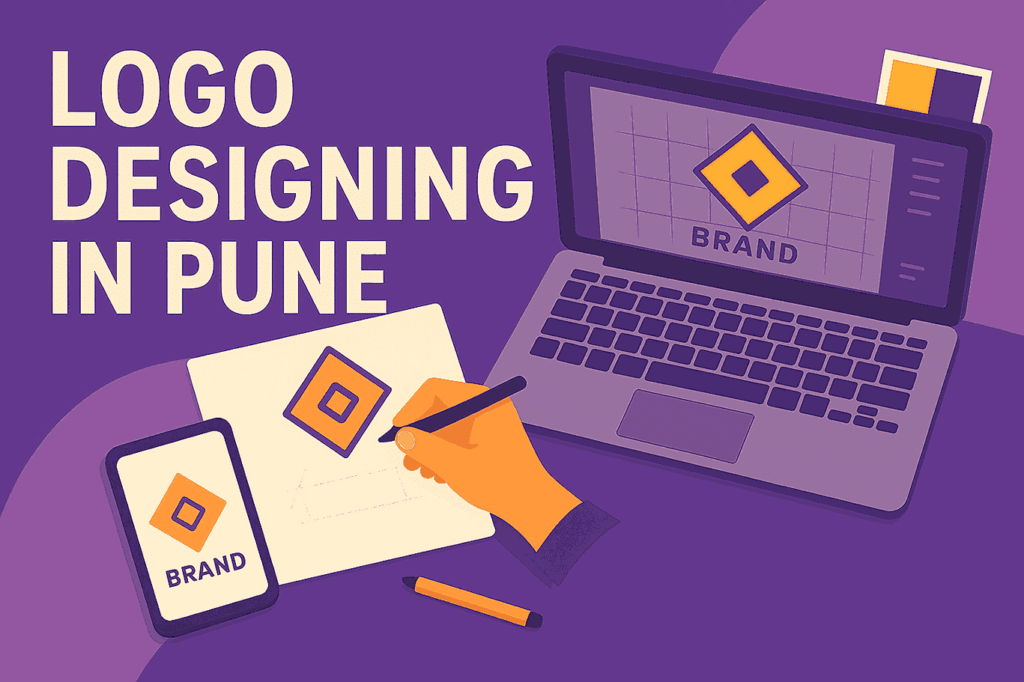 Creative illustration of logo designing in Pune showing digital tools and hand-sketch branding workspace.