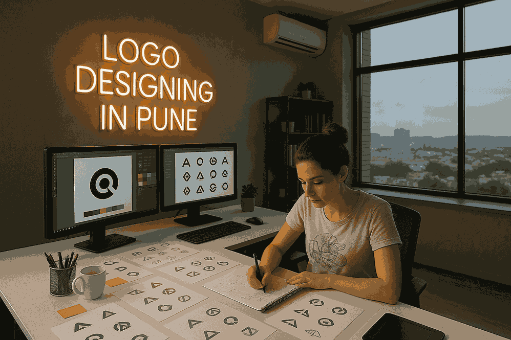 Young female logo designer sketching brand logo concepts in a modern studio workspace for professional logo designing in Pune.