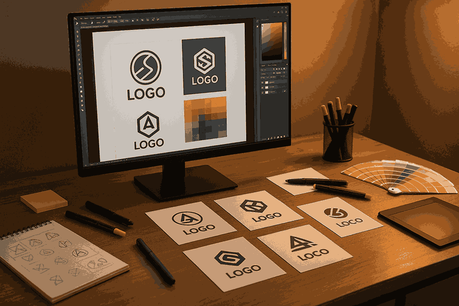 Professional graphic designer workspace with logo design software open showcasing logo designing in Pune studio setup.