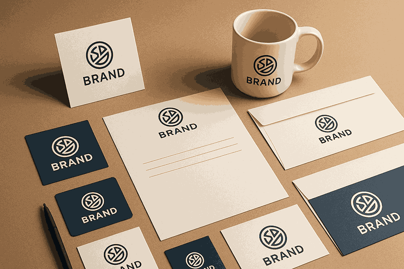 Landscape branding mockup showcasing professional LOGO DESIGNING SERVICES with custom logo stationery and merch.