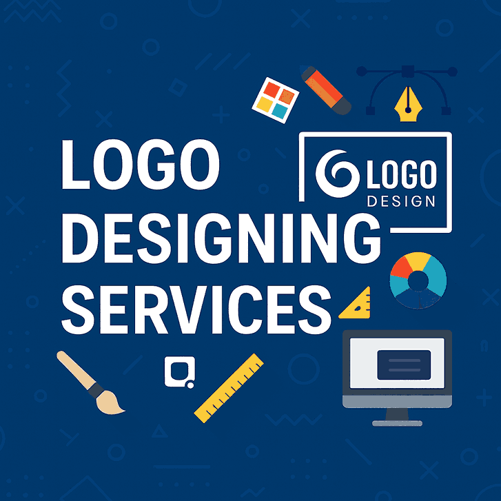 LOGO DESIGNING SERVICES cover image featuring creative design tools, patterns, and modern branding elements.