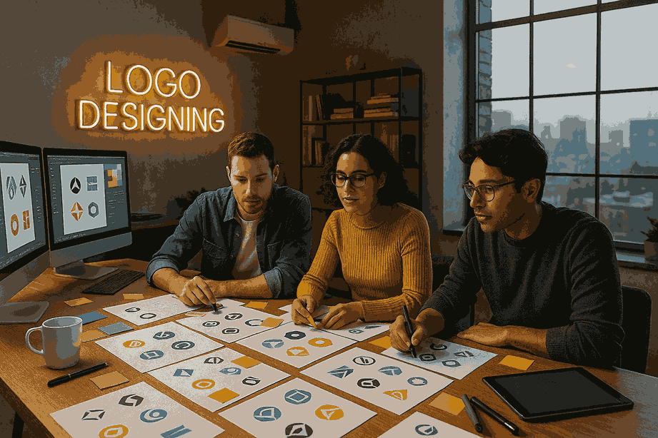 LOGO DESIGNING team brainstorming modern logo concepts in a creative studio workspace with dual monitors and neon branding sign