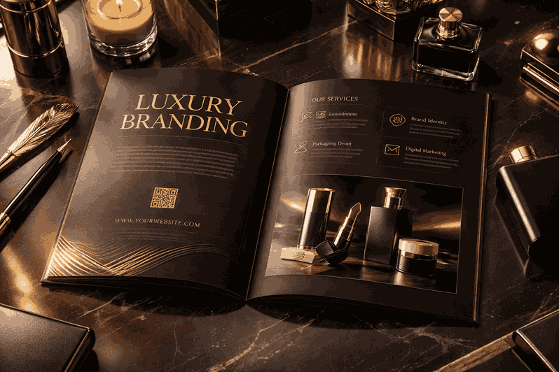 Luxury branding brochure mock-up featuring matte black pages, gold typography, cinematic lighting, and elegant product presentation in a premium commercial design style.